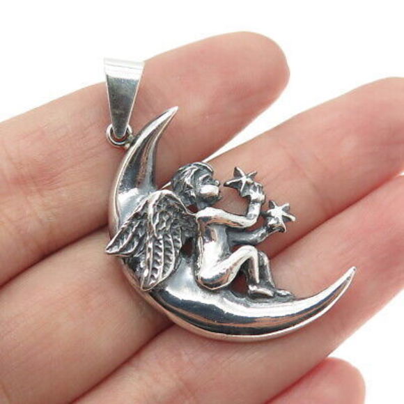 Jewelry - 925 Sterling Silver Vintage Crescent & Angel Oxidized Pendant